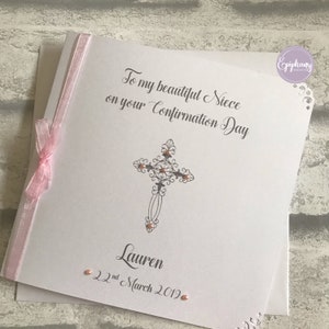 Luxury Communion or Confirmation Congratulations Card Personalised White Pearl/Pink