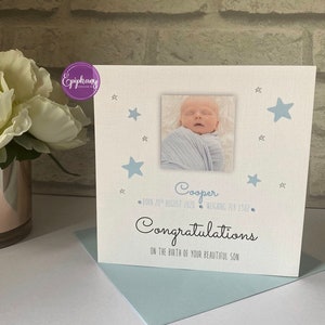Carte personnalisée pour nouveau-né, garçon, fils, petit-fils, neveu avec photo et date de naissance