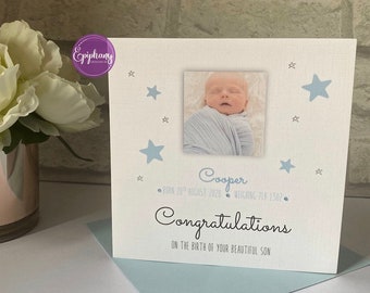 Personalised New Baby Card, Boy, Son, Grandson, Nephew with Photo and DOB details