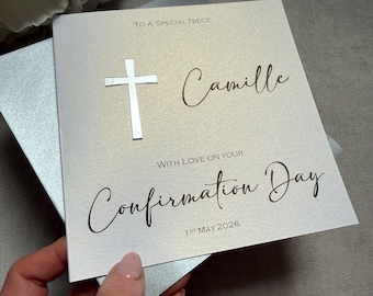 Luxury Personalised Confirmation Card: Silver mirror cross, white pearl card