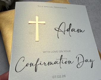 Luxury Personalised Confirmation Card: Gold mirror cross, gold pearl card