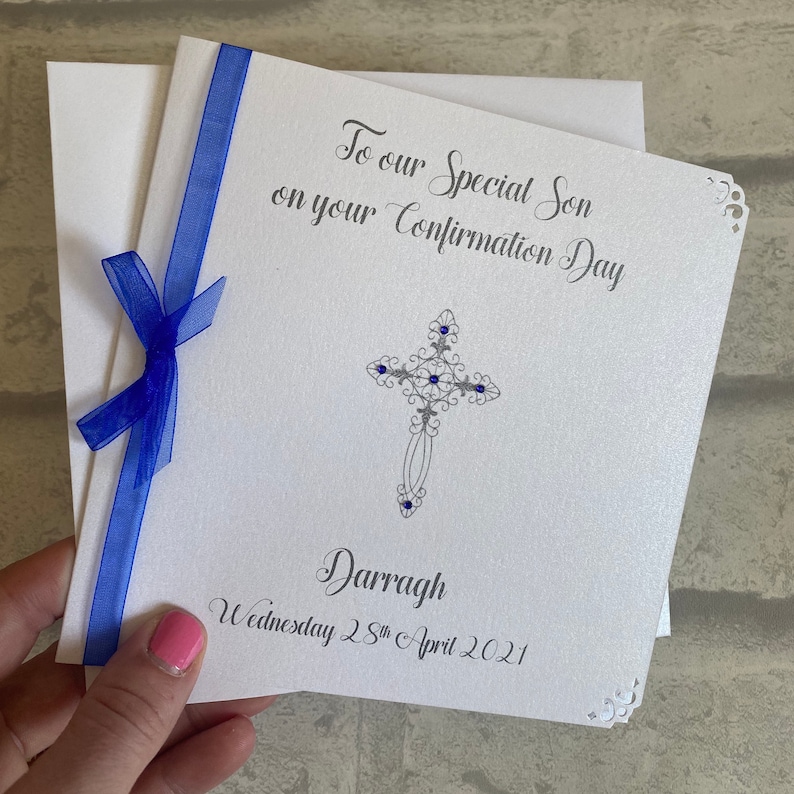 Luxury Communion or Confirmation Congratulations Card Personalised White Pearl/Blue