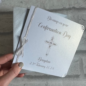 Luxury Communion or Confirmation Congratulations Card Personalised Silver/Silver