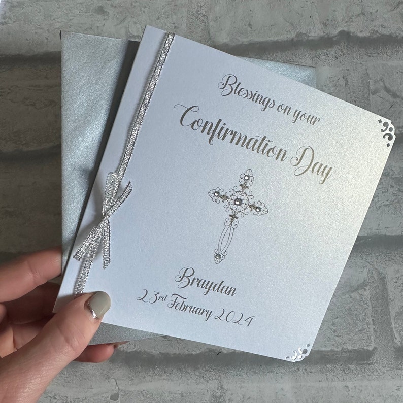 Luxury Communion or Confirmation Congratulations Card Personalised Silver/Silver