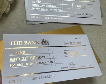 Novelty cheque, Personalised cheque for gifting, money gift, Birthday, Christmas, Wedding, Engagement, trust fund, foil, Any currency