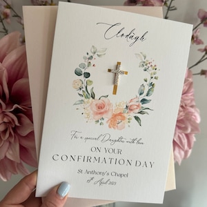 Große Luxus-Mädchen Kommunion oder Konfirmation Karte mit diamanté Kreuz mit Blumen, personalisierte Karte, religiöse Feier