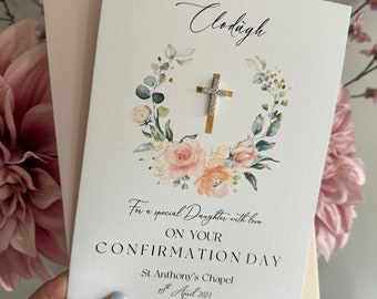 Grande carte de communion ou de confirmation de luxe avec croix en strass avec fleurs, carte personnalisée, célébration religieuse