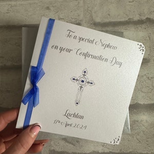 Luxury Communion or Confirmation Congratulations Card Personalised Silver/Blue