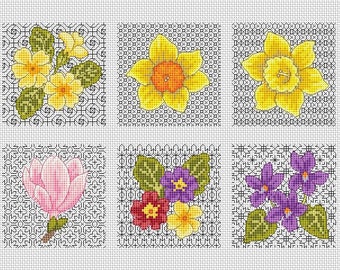 spring florals and blackwork cross stitch card set