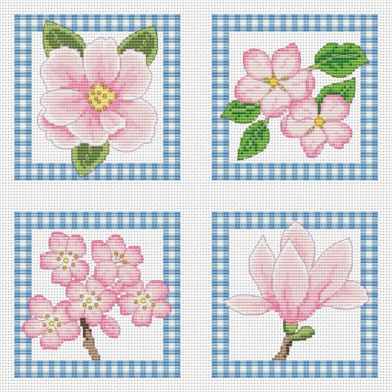 4 pink florals and gingham cross stitch cards Etsy