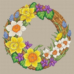 spring daffodil wreath cross stitch chart