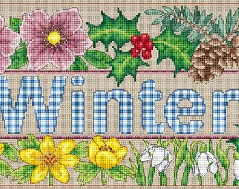 winter gingham text cross stitch sampler