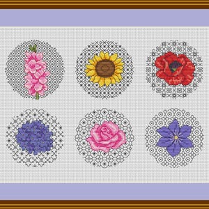 Florals and blackwork cross stitch pattern