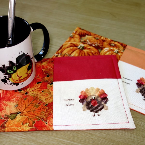 Thanksgiving Turkey embroidered mug mat / Tea / Coffee / Cotton and cotton / Thanks Giving deco / Fall leaves / Pumpkins