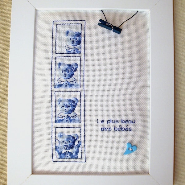 Tableau naissance "Le plus beau des bébés", brodé / point de croix / personnalisable / chambre enfant / ours / ourson rigolo / prénom / bleu