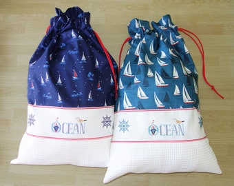 Grand pouch / Laundry bag / Travel Bag "OCEAN" embroidered cross stitch, cotton / boat / marine / rudder / first name / customizable