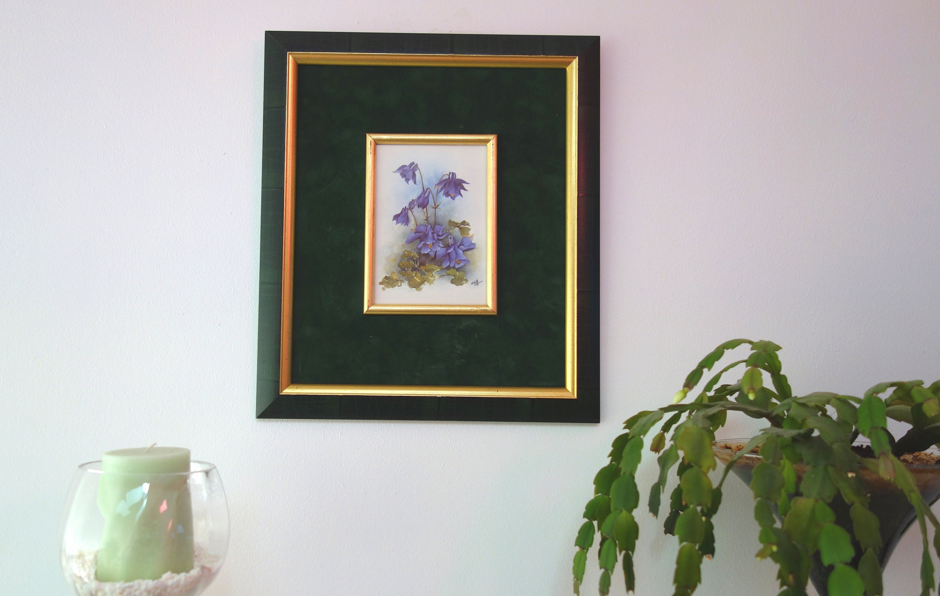 Encadrement d'art Vintage Bouquet d'ancolies/Carte Postale Ancienne Fleurs Des Champs Décoration d'i