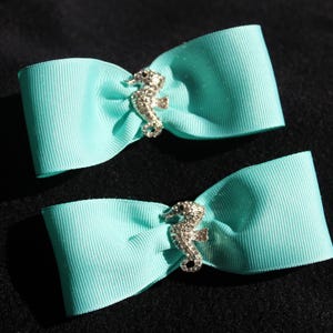 Handmade Beach Seahorse rhinestones Aqua Bow Hair clip Set of 2 Quality item Kids, Girls, Child