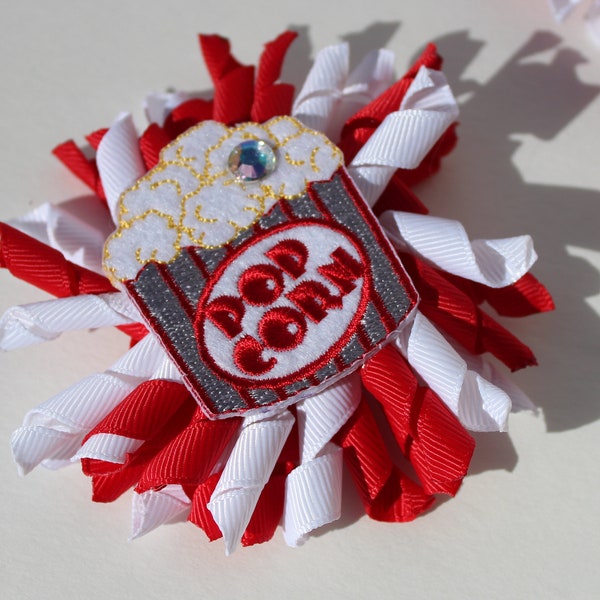 Hand made Adorable Popcorn Red White Hair clip Quality item Kids, Girls, Child, curly ribbons