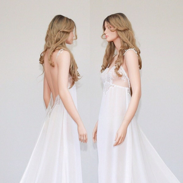 Weiße lange transparente rückenfreie Chiffon Nachthemd, Flitterwochen Braut Dessous, Brautdusche Geschenk für sie