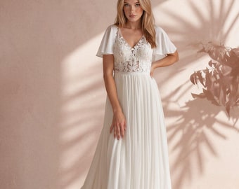 Flowy Flutter Sleeve Chiffon Wedding Dress with Keyhole Back, Romantic Beach Bridal Gown, V- neck
