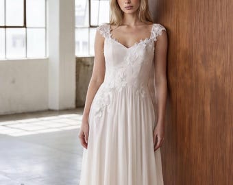 Boho trouwjurk met blote schouders, 3D bloemenkant, rok van zijden chiffon, trouwjurk voor in de tuin