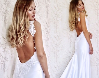 Simple Backless Wedding Dress, Boho Beach Bridal Gown, Low back Bridal Dress, Satin Bridal Gown