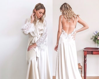 Champagne Bridal Robe & Nightgown Set, Luxury Boudoir Wedding Lingerie, Getting Ready Dressing Gown Set, Gift for Bride