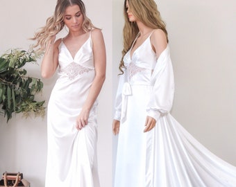 Maxi White Bridal Robe & Nightgown Set, Luxury Boudoir Bridal Lingerie, Getting Ready Dressing Gown Set, Gift for Bride