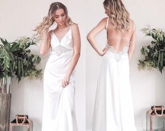 Elegant White Long Backless Satin Nightgown Negligee Slip, Honeymoon Bridal Lingerie, Bridal Shower Gift for her