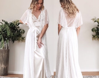 Long Sheer Lace Bridal Robe & Satin Nightgown Set, Sexy Maxi Boudoir Dressing Gown, Luxury Gift for Bride