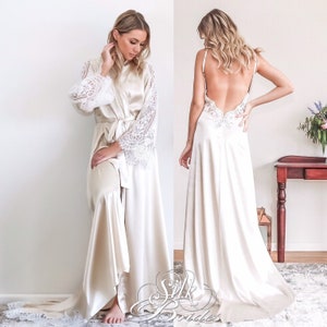 Champagne Bridal Robe & Nightgown Set, Luxury Boudoir Wedding Lingerie, Getting Ready Dressing Gown Set, Gift for Bride