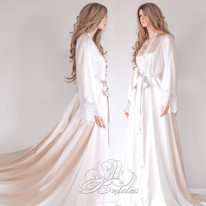 Long Champagne Bridal Robe with Lace & Train, Boudoir Maxi Dressing Gown, Luxury Wedding Gift