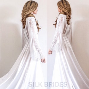 New Long Bridal Robe with Train, White Maxi Dressing Gown, Luxury Wedding Gift