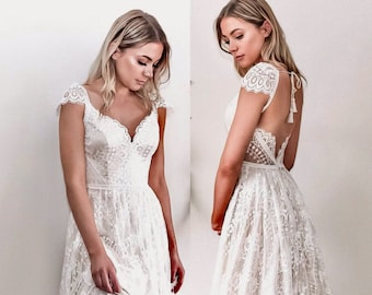 NEW Lace Boho Wedding Dress with Cap Sleeves, Backless V- neckline Bridal Dress with long train, Champagne/White