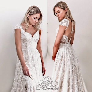 NEW Lace Boho Wedding Dress with Cap Sleeves, Backless V- neckline Bridal Dress with long train, Champagne/White