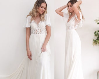 Flowy Flutter Sleeve Chiffon Wedding Dress with Keyhole Back, Romantic Beach Bridal Gown, V- neck