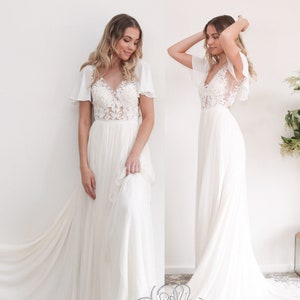 Flowy Flutter Sleeve Chiffon Wedding Dress with Keyhole Back, Romantic Beach Bridal Gown, V- neck