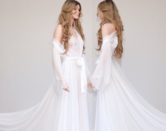 Chiffon Bridal Robe & Nightgown Set, Luxury Boudoir Wedding Lingerie, Getting Ready Dressing Gown Set, Gift for Bride