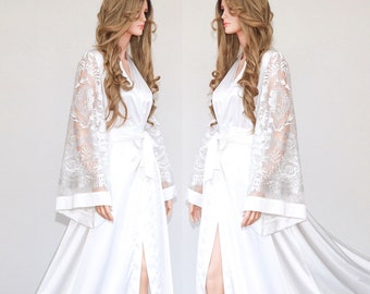 White Luxurious Long Bridal Robe Kimono with Embroidered Tulle Sleeves, Getting Regards Boudoir Dressing Gown, NEW COLLECTION