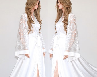 Weiße Luxuriöse lange Braut Robe Kimono mit bestickten Tüll Ärmeln, Erste Grüße Boudoir Morgenmantel, NEUE KOLLEKTION