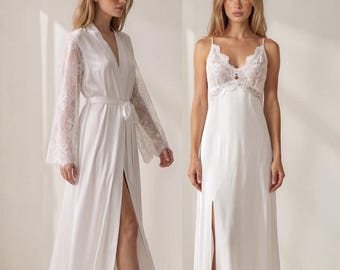 Maxi White Bridal Robe & Nightgown Set, Luxury Boudoir Wedding Lingerie, Getting Ready Dressing Gown Set, Gift for Bride