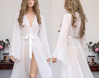 Long Chiffon Bridal Robe, Transparent Floor Length Boudoir Getting ready Dressing Gown
