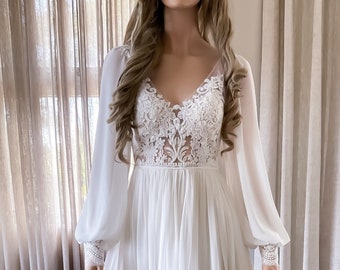 Puff Long Sleeve Wedding Dress with Keyhole Back, Lace top & Chiffon Skirt Romantic Bridal Dress