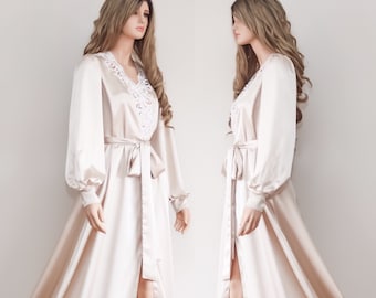 Maxi Long Bridal Robe with Train, Champagne Getting Ready Dressing Gown, Luxury Gift for Bride