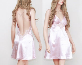 Pink Short Backless Satin Nightgown Negligee Slip, Honeymoon Bridal Lingerie, Bridal Shower Gift for her