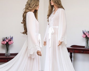 Long Chiffon Bridal Robe with train, Transparent Boudoir Getting ready Dressing Gown