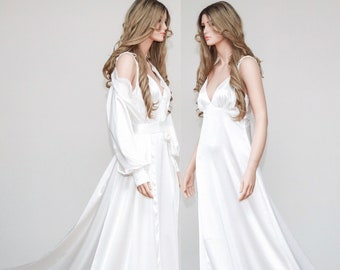 White Satin Robe and Nightgown Getting Ready Negligee Set