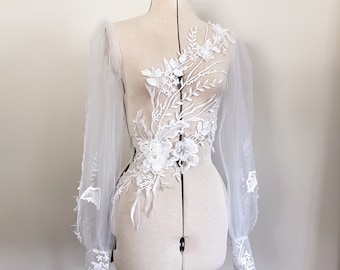 Long Sleeve wedding top with button back and 3d floral appliqué details. Bridal separates.