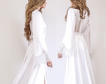 Long Bridal Robe with Train, Maxi Lace and Satin Dressing Gown, Luxury Bridal Gift